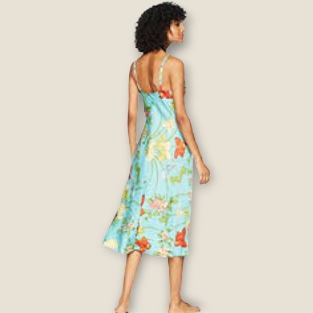 NATORI Aquarelle Floral Satin Slip Nightgown Chemise Aqua Multi Small